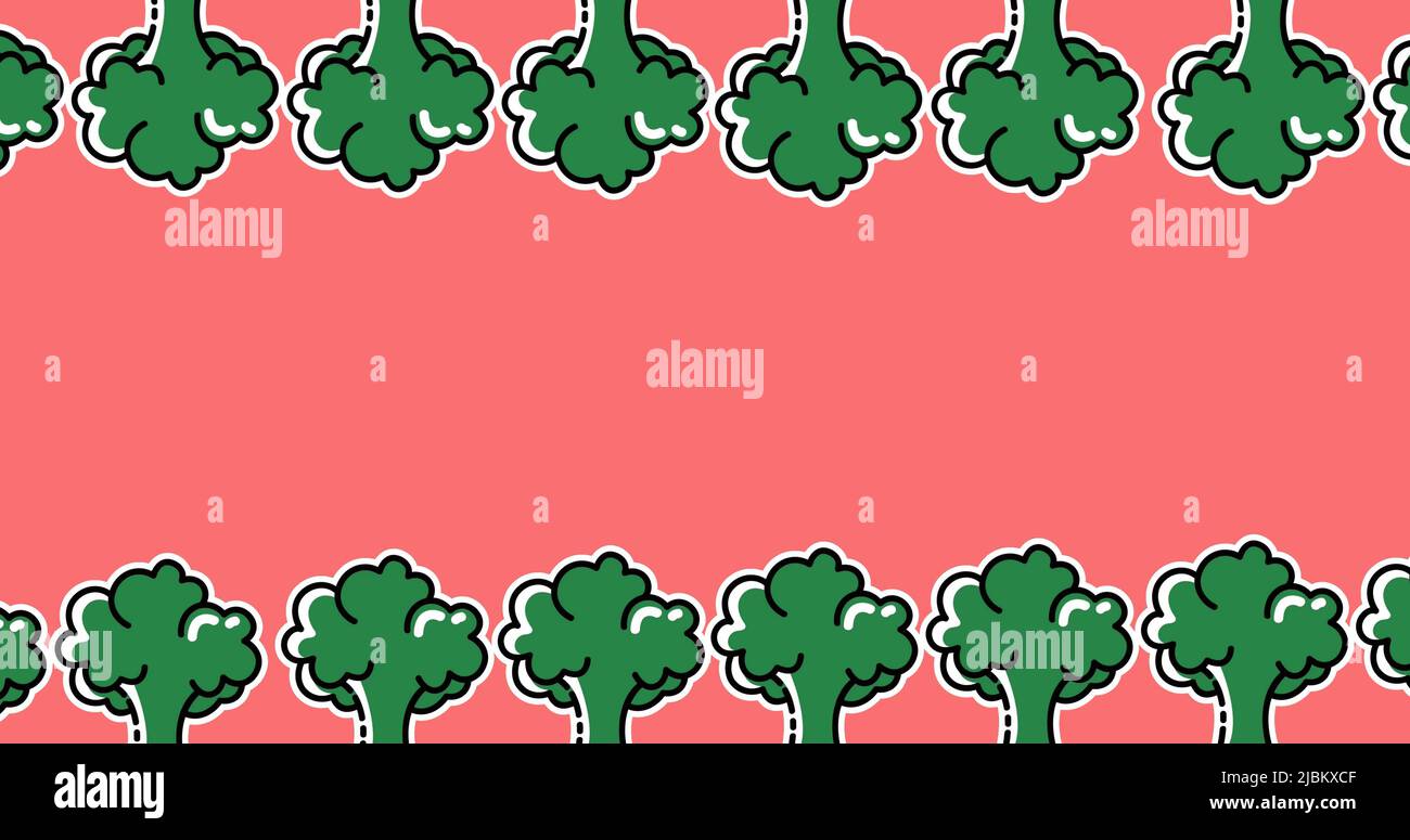 Bild von zwei Reihen von grünem Brokkoli, die sich oben und unten auf einem rosa Hintergrund bewegen Stockfoto