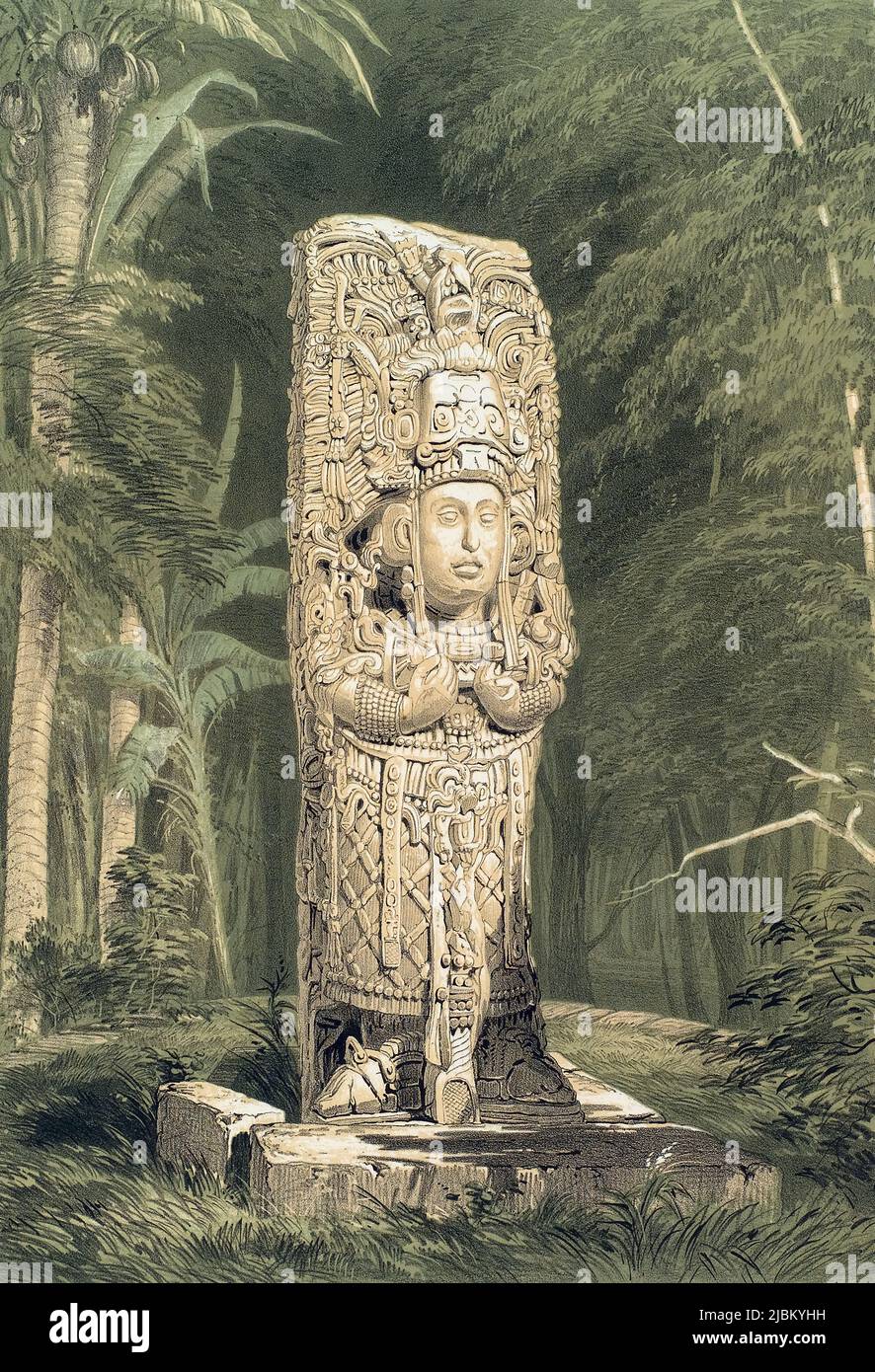 Ein Idol in Copan, Honduras. Nach einer Arbeit von Frederick Catherwood. Das Maya-Idol in der Maya-Stadt ist als Stela H bekannt und repräsentiert König Uaxaclajuun Ub'aah K'awiil. Es stammt aus dem 8.. Jahrhundert. Stockfoto
