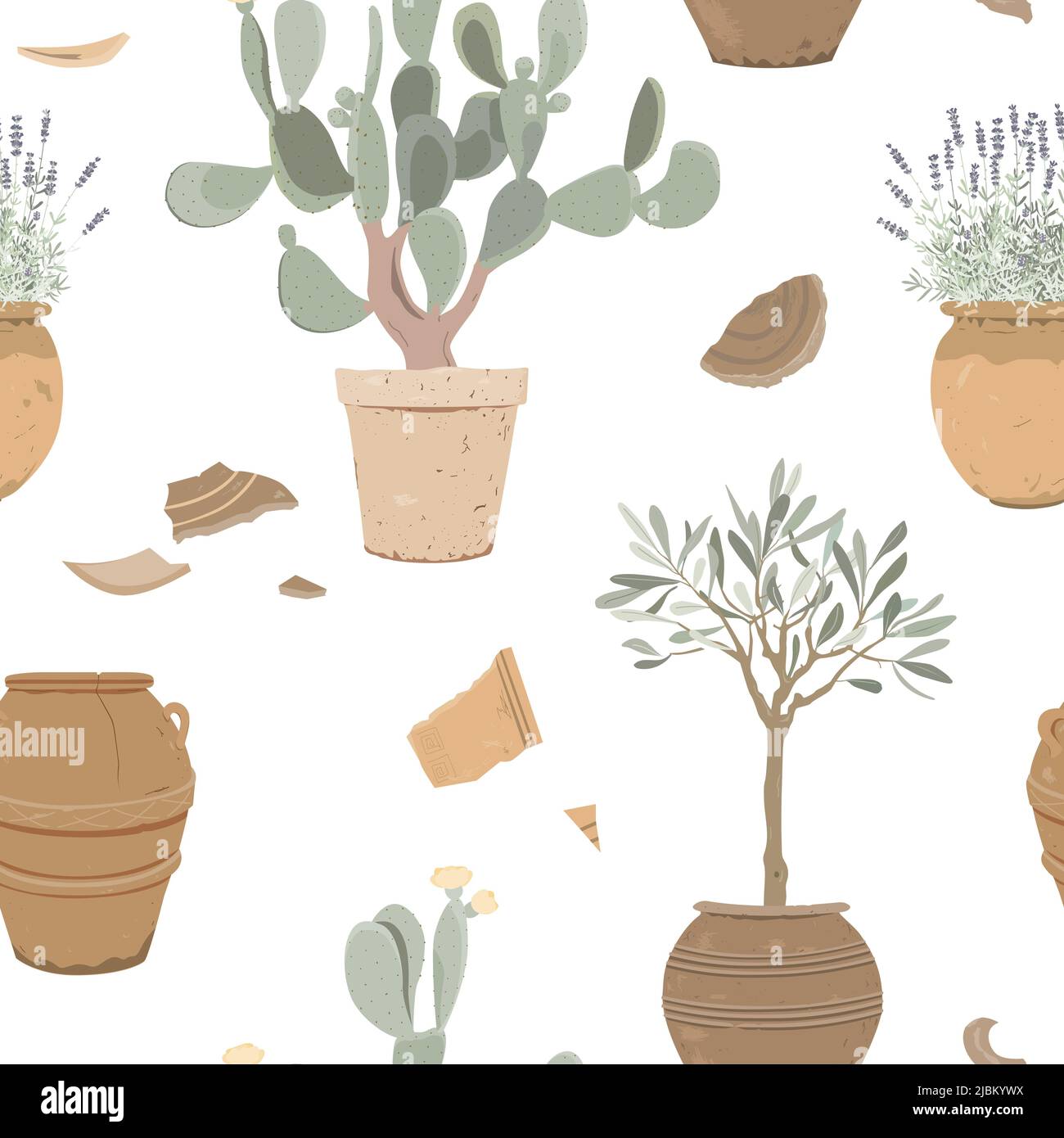 Topfpflanzen und mediterrane Pflanzen in alten Töpfen, nahtloses Muster. Lavendel, Kaktusbirne und Olivenbaum in Tontöpfen. Vektorgrafik. Stock Vektor