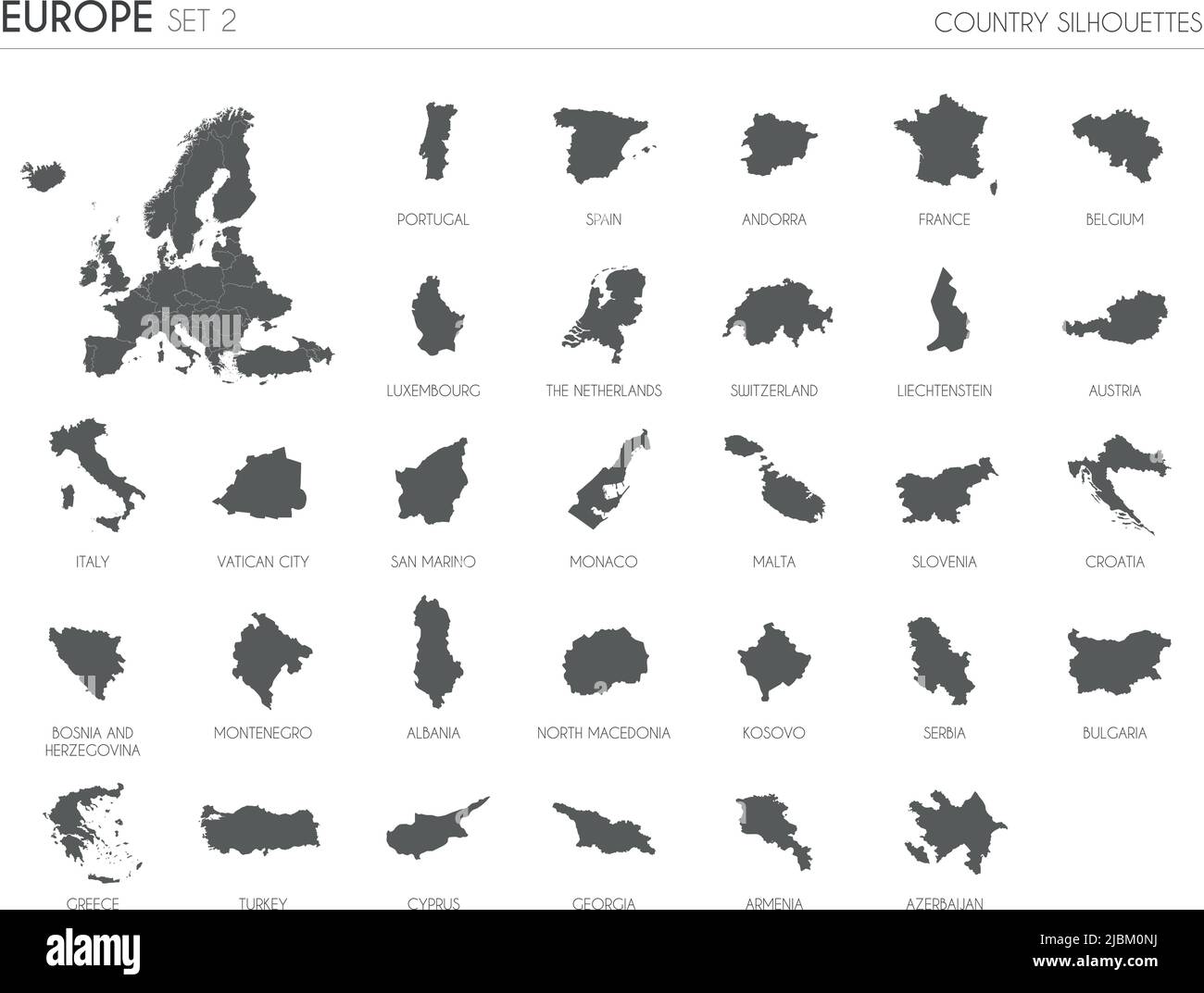 Set aus 30 detailreichen Silhouettenkarten europäischer Länder und Gebiete sowie Vektordarstellung „Karte Europas“. Stock Vektor