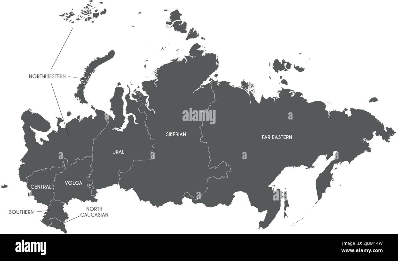 Vektorkarte von Russland mit Regionen oder Bundesbezirken und Verwaltungseinheiten. Editierbare und klar beschriftete Ebenen. Stock Vektor