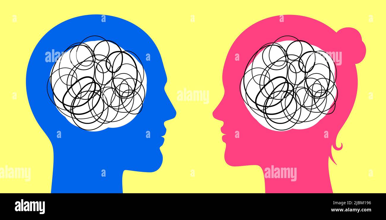 Mann und Frau blicken einander mit chaotischen Gedanken im Gehirn an. Geschlechterbeziehungen psychologische Konzept Vektor Illustration. Stock Vektor