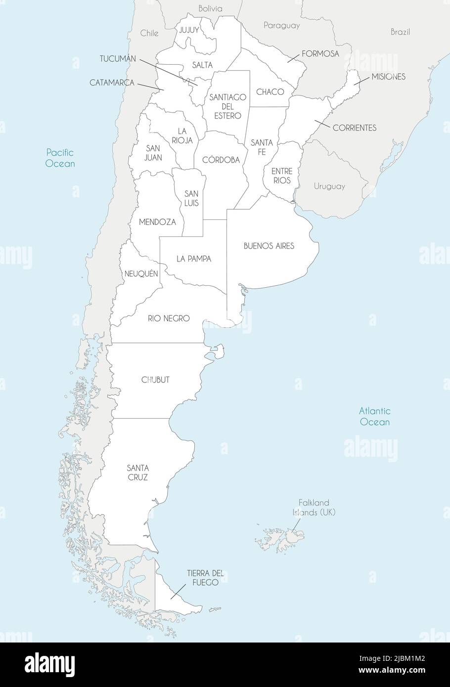 Vektor-Karte von Argentinien mit Provinzen oder föderierten Staaten und Verwaltungseinheiten, und benachbarten Ländern und Territorien. Editierbar und clea Stock Vektor Vektor-Karte von Argentinien mit Provinzen oder föderierten Staaten und Verwaltungseinheiten, und benachbarten Ländern und Territorien. Editierbar und clea Stock Vektor