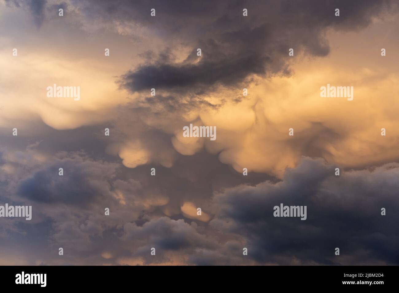 Erstaunliche Kumuluswolken vor einem schweren Gewitter in den österreichischen Bergen bei Sonnenuntergang. Stockfoto