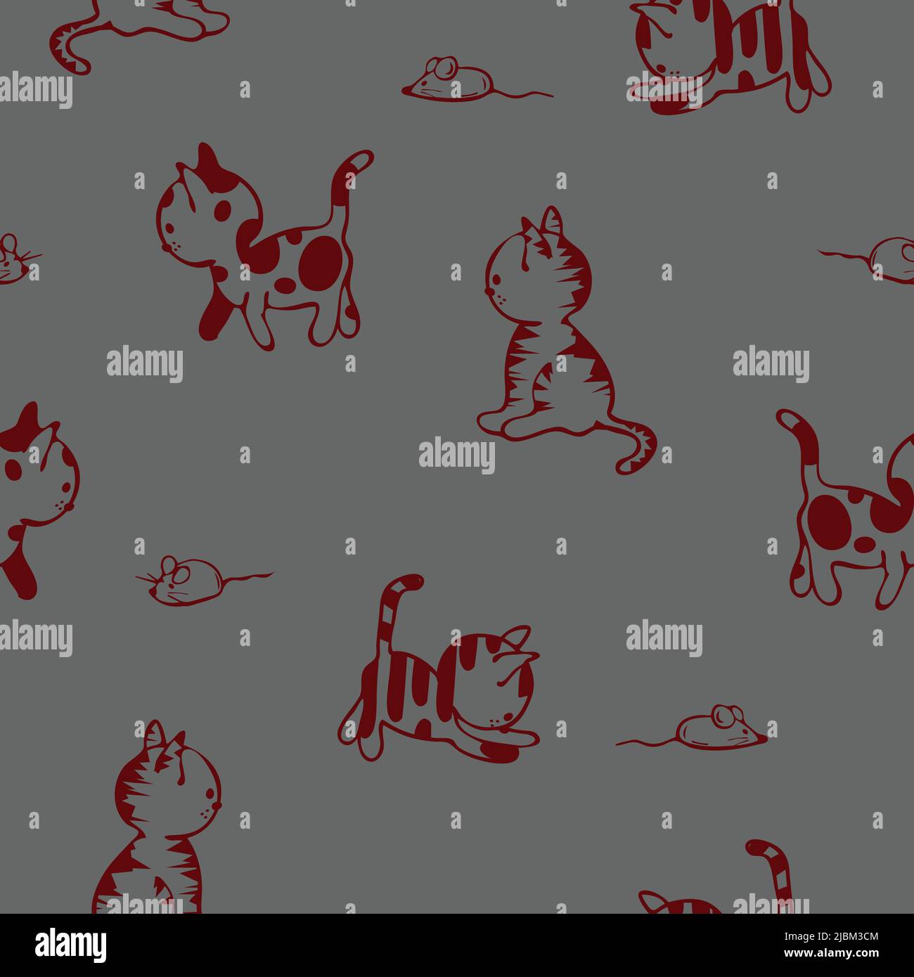Nahtloses Vektor-Muster mit verspielter Katze auf grauem Hintergrund. Niedliche Tier Skizze Tapete Design. Dekorative Kätzchen Mode Textil. Stock Vektor