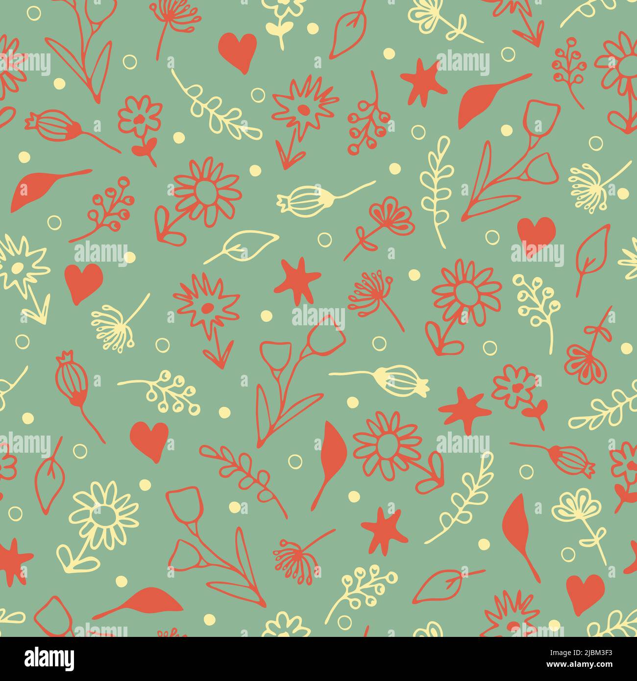 Nahtloses Vektor-Muster mit kleinen Blumen auf pastellgrünem Hintergrund. Schlichtes sommerliches florales Tapetendesign. Romantische Wildblumen Mode Textil. Stock Vektor
