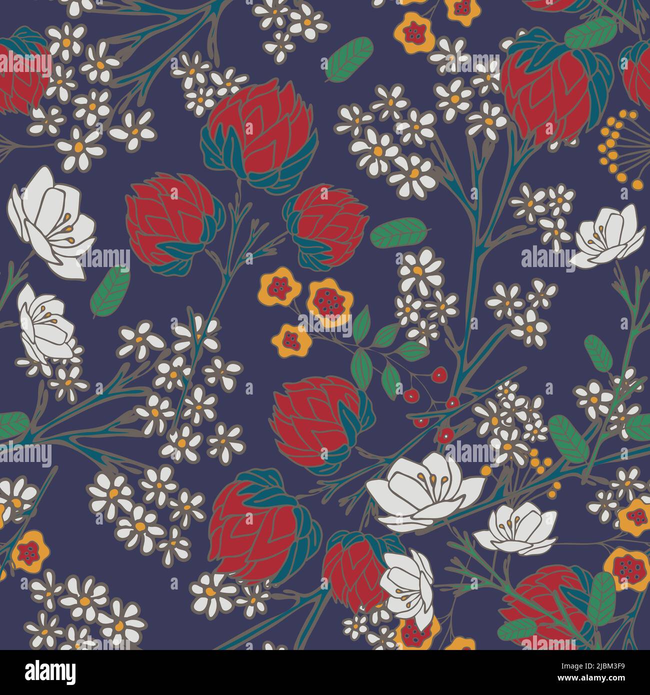 Nahtloses Vektor-Muster mit Blumen auf blauem Hintergrund. Vintage florales Tapetendesign. Romantische Blumenwiese Mode Textil. Stock Vektor