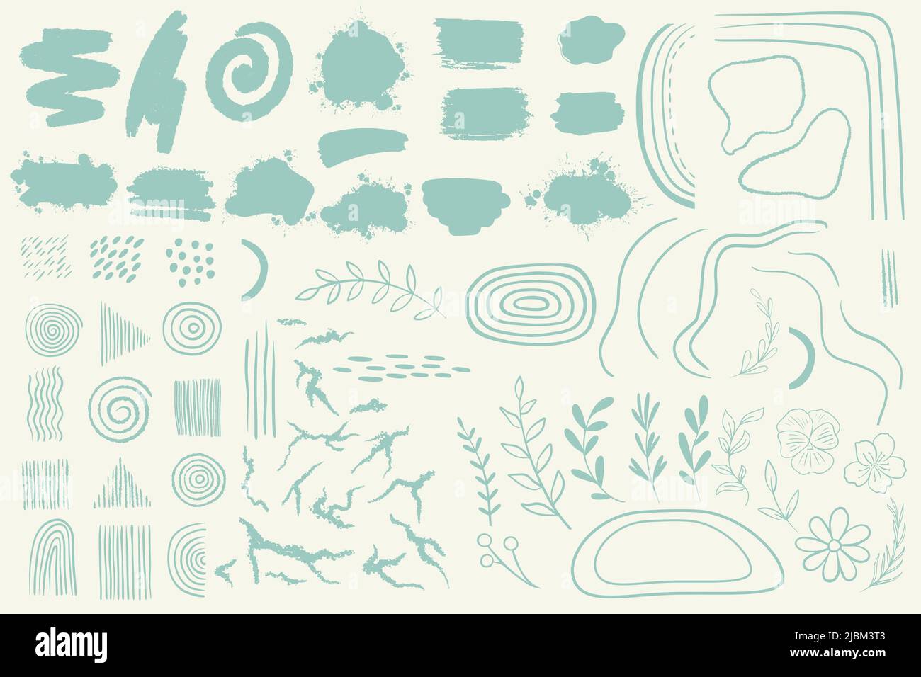Großes Set an abstrakten Elementen zum Erstellen von Postern, Vorlagen, Karten, Hintergründen und mehr. Trendige einfache Spots, Zweige, Blumen, Linien und Kreise für Hig Stock Vektor