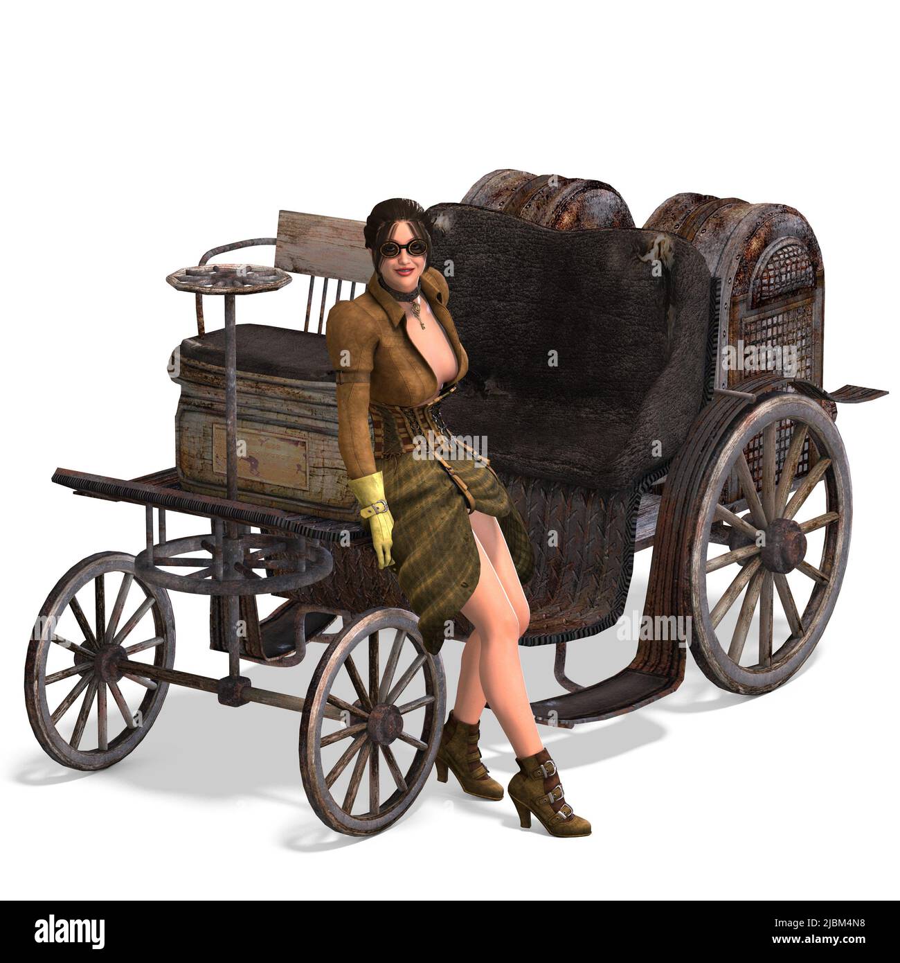 3D-Illustration eines Steampunk-Mädchens mit einem viktorianischen Kleid und einer Kutsche Stockfoto