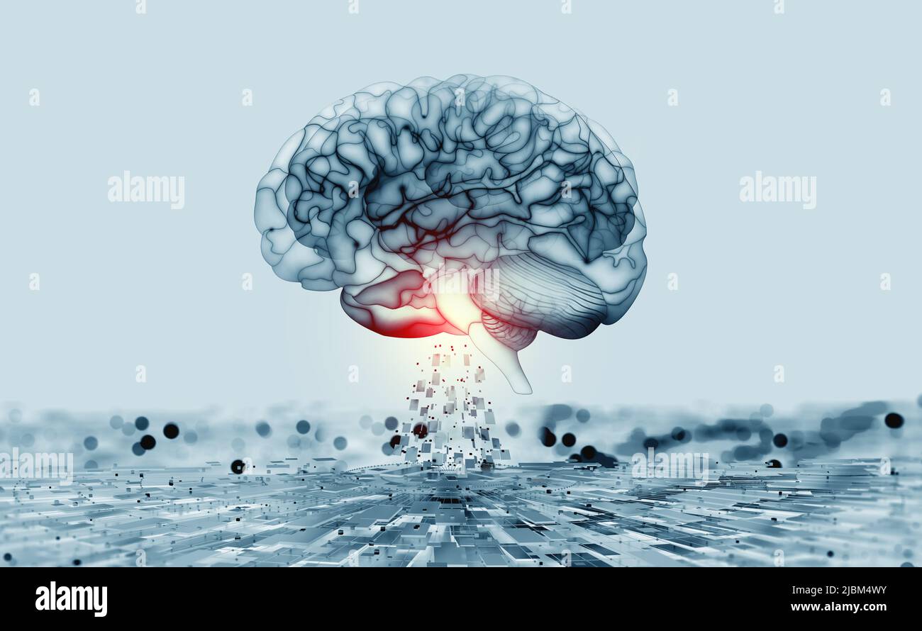 Künstliche Intelligenz, KI, Cyber-Gehirn. Digital Mind 3D-Illustration. Neuronale Verbindungen und Datenanalyse Netzwerkstruktur Stockfoto