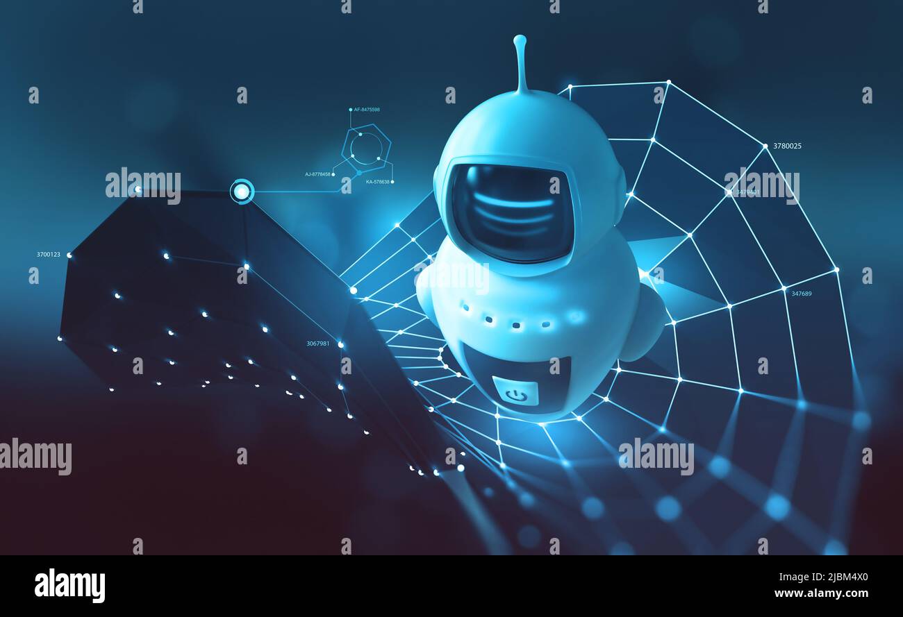 Roboter, Chat-bot, android und digitale Evolution der Robotik. Zukünftige Technologien zur Prozessorentwicklung. 3D Illustration des Quantencyberspace Stockfoto