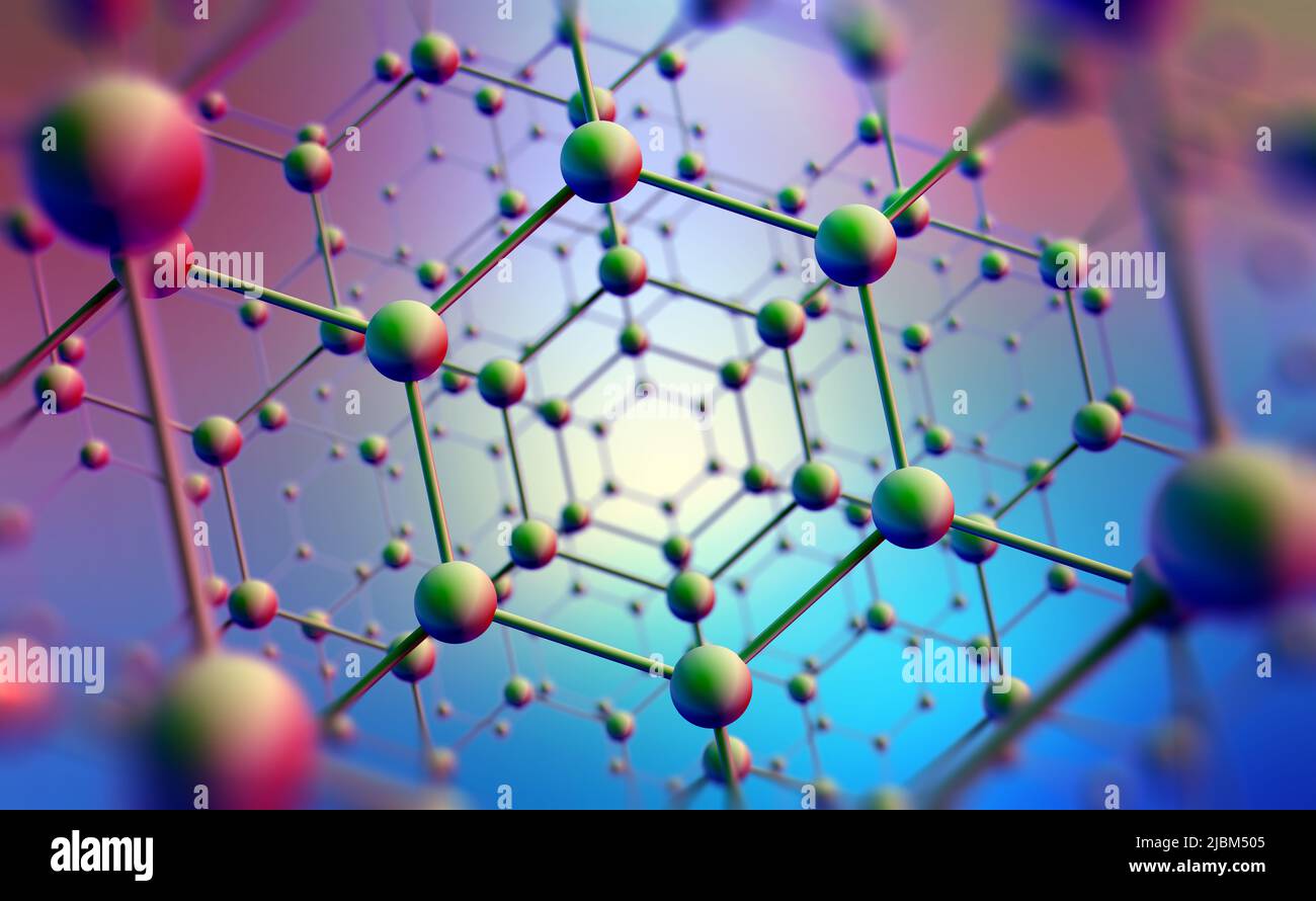 Nanotechnologie in der modernen Wissenschaft. Zukunftstechnologien in der Erforschung der Struktur von Nanomaterialien. 3D Darstellung des Atomrasters auf einem High-Tech-Hintergrund Stockfoto