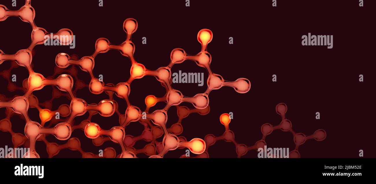 Abbildung des Moleküls 3D. Kristallgitter unter dem Mikroskop. Zellmembran medizinischer Hintergrund. Laborexperimente und Forschung Stockfoto