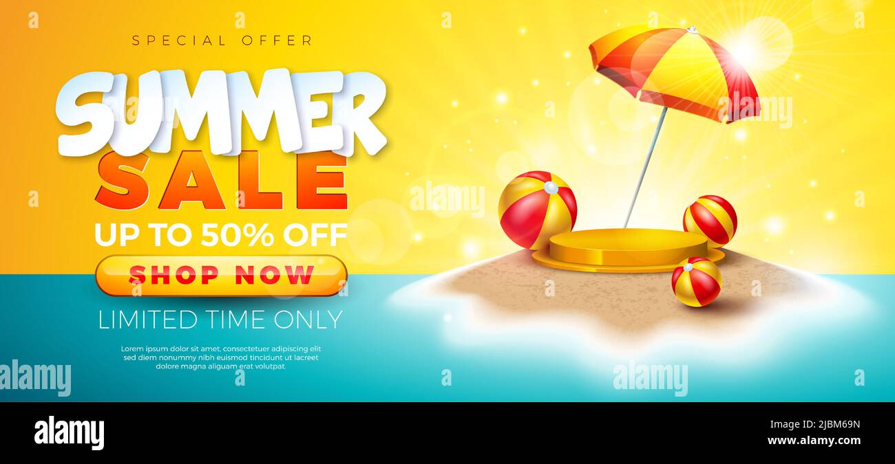 Sommer Sale Design mit Bühne Podium, Sonnenschirm und Beach Ball auf tropischen Sandy Island Hintergrund. Tropische Business Vektor Illustration mit Stock Vektor