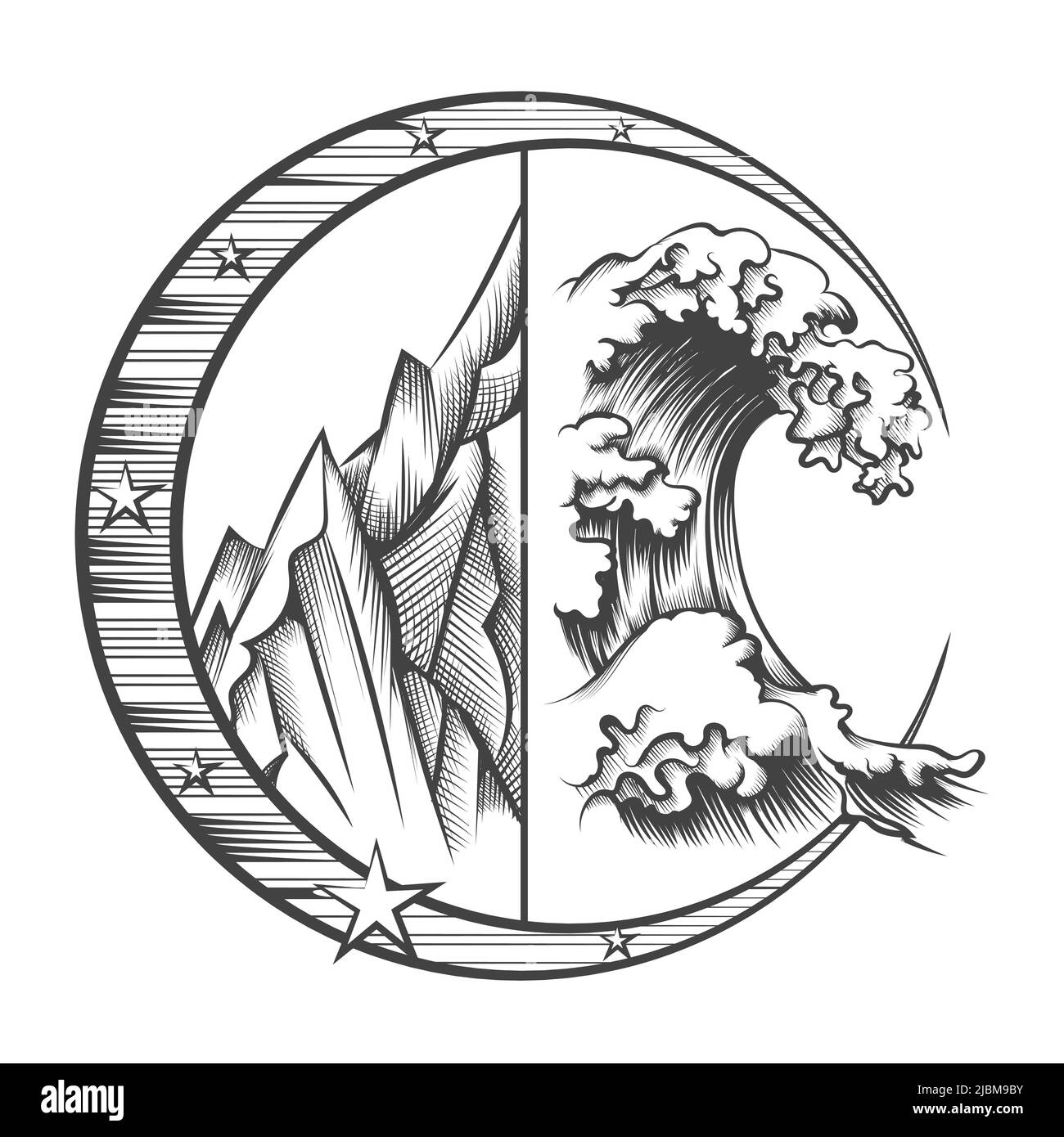 Wild Nature Emblem of Mountain and Wave in Engraving Style auf Weiß isoliert gezeichnet. Vektorgrafik. Stock Vektor