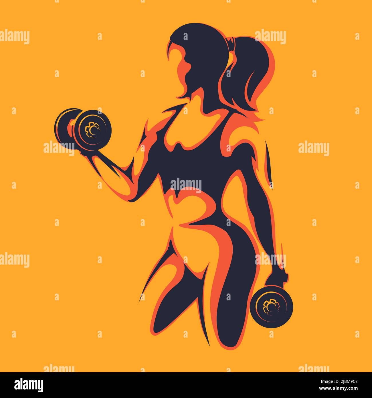 Fitness-Emblem. Athletische Frau mit Dumbells isoliert auf gelbem Hintergrund. Vektorgrafik. Stock Vektor