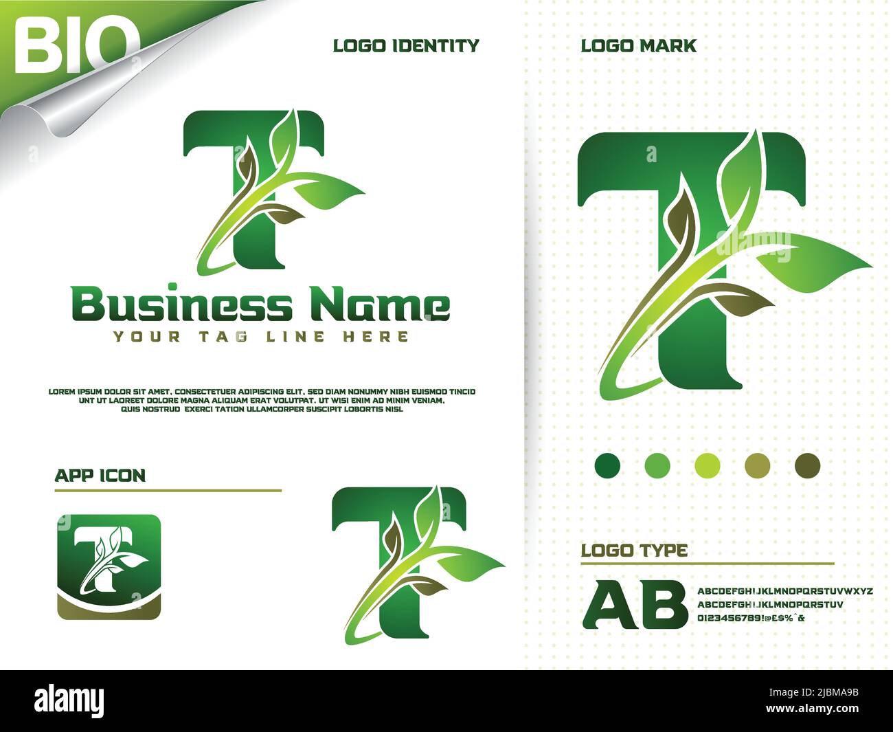 Anfangsbuchstabe T mit Grünblatt-Logo-Design-Vektor Stock Vektor