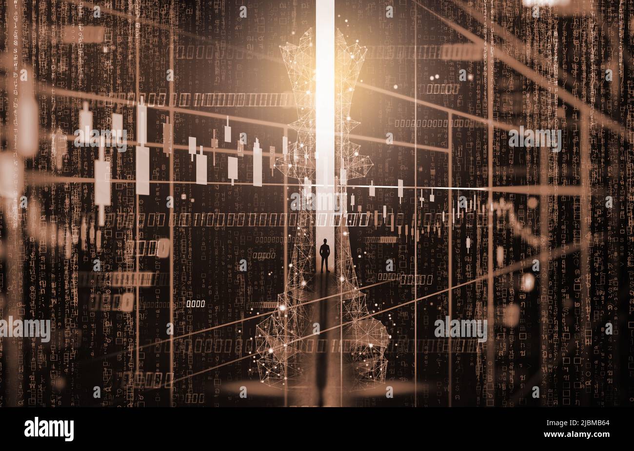 Schachspiel hinter Forex-Chart-Indikatoren oder Börsengraph im abstrakten Hintergrund. Geschäftskonzept zur Präsentation von Finanzinformationen und digitalen Stockfoto