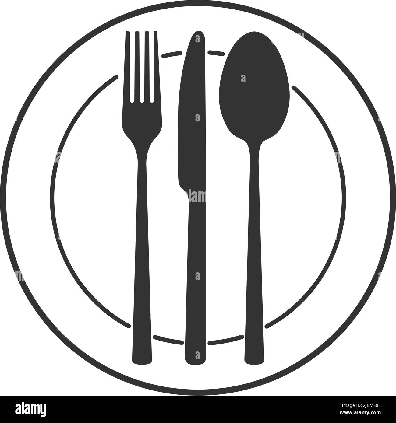 Menüsymbol, Set mit Teller, Messer, Gabel und Löffel isoliert auf weißem Hintergrund, Vektorgrafik Stock Vektor