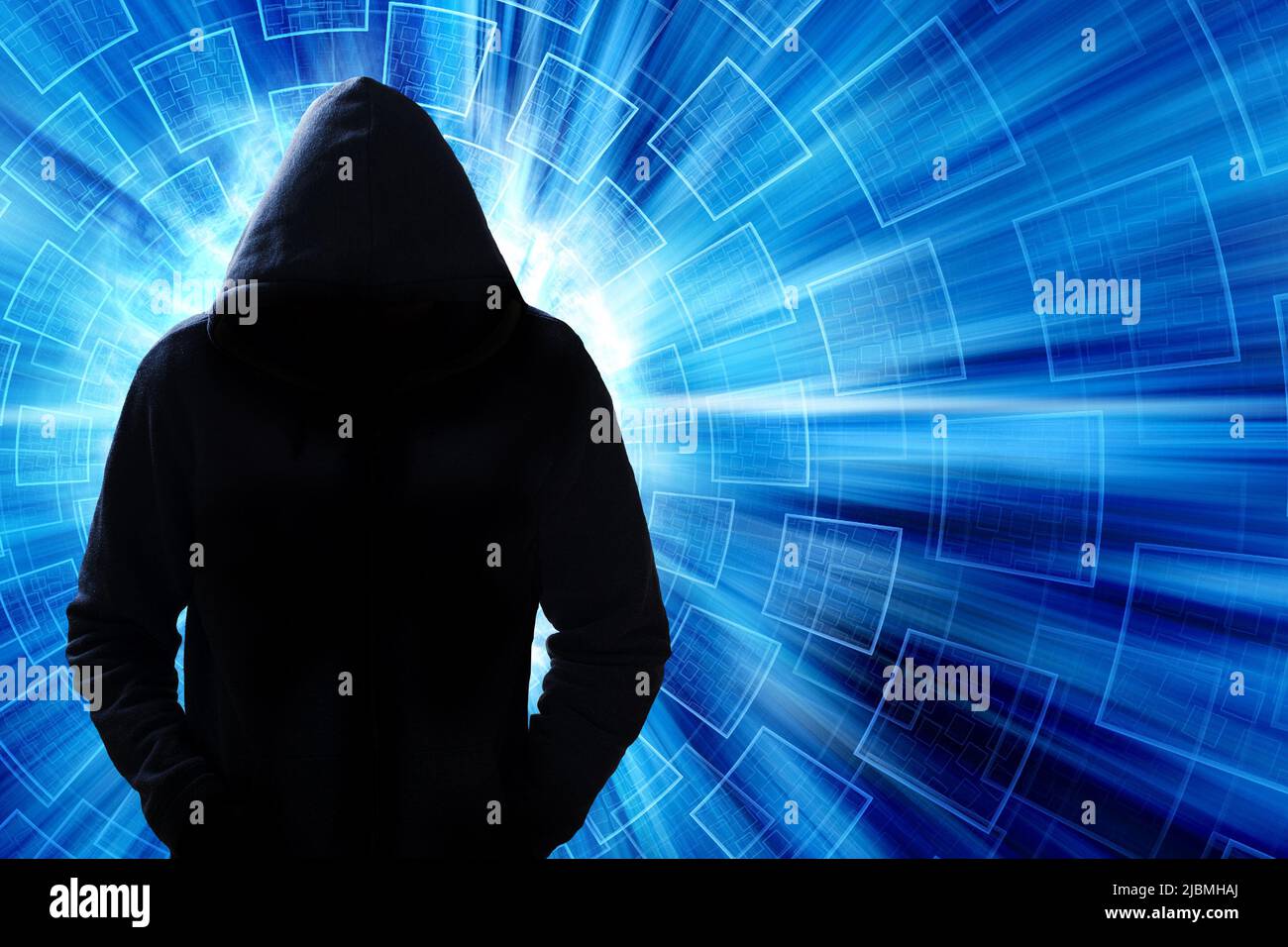 geheimnisvolle Hacker, Software und Cyber-Angriff konzept mit kapuze Stockfoto