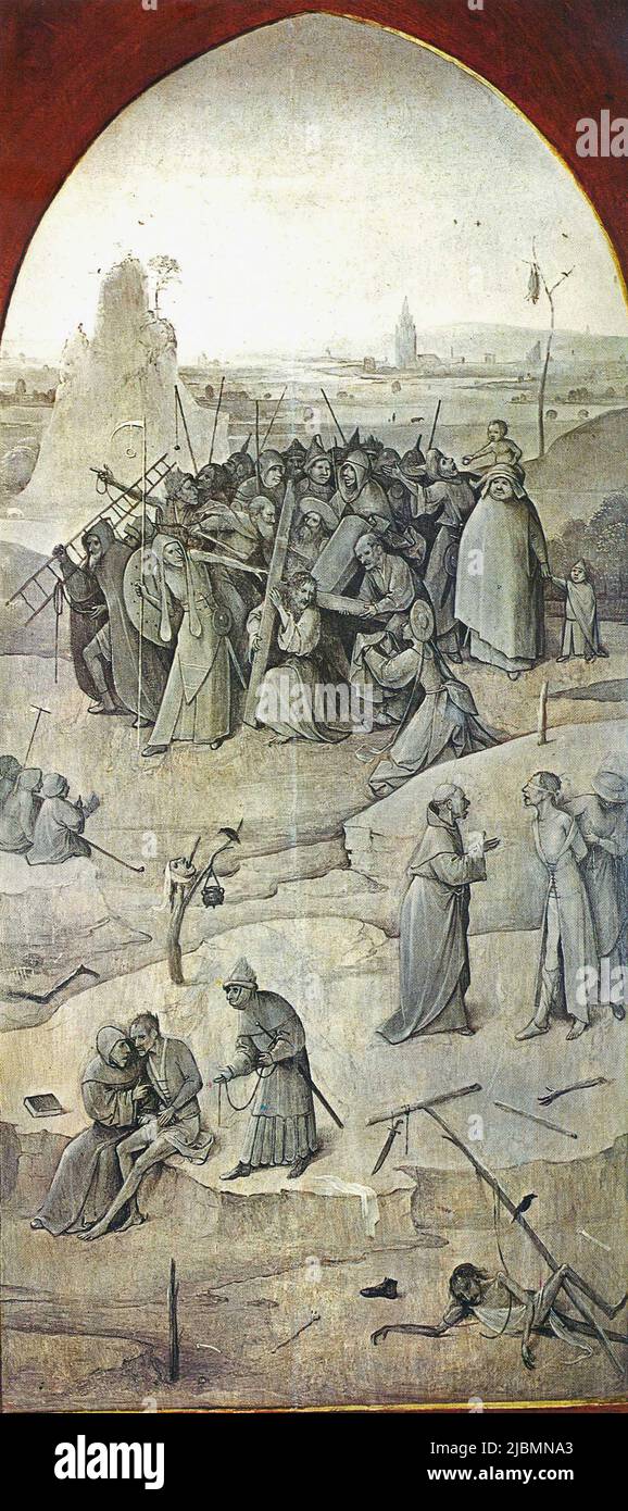 „Christus trägt das Kreuz auf dem Weg nach Kalvarienberg“, geschlossener rechter Flügel des Triptychons, „die Versuchung des heiligen Antonius von Hieronymus Bosch. Lissabon, Stockfoto