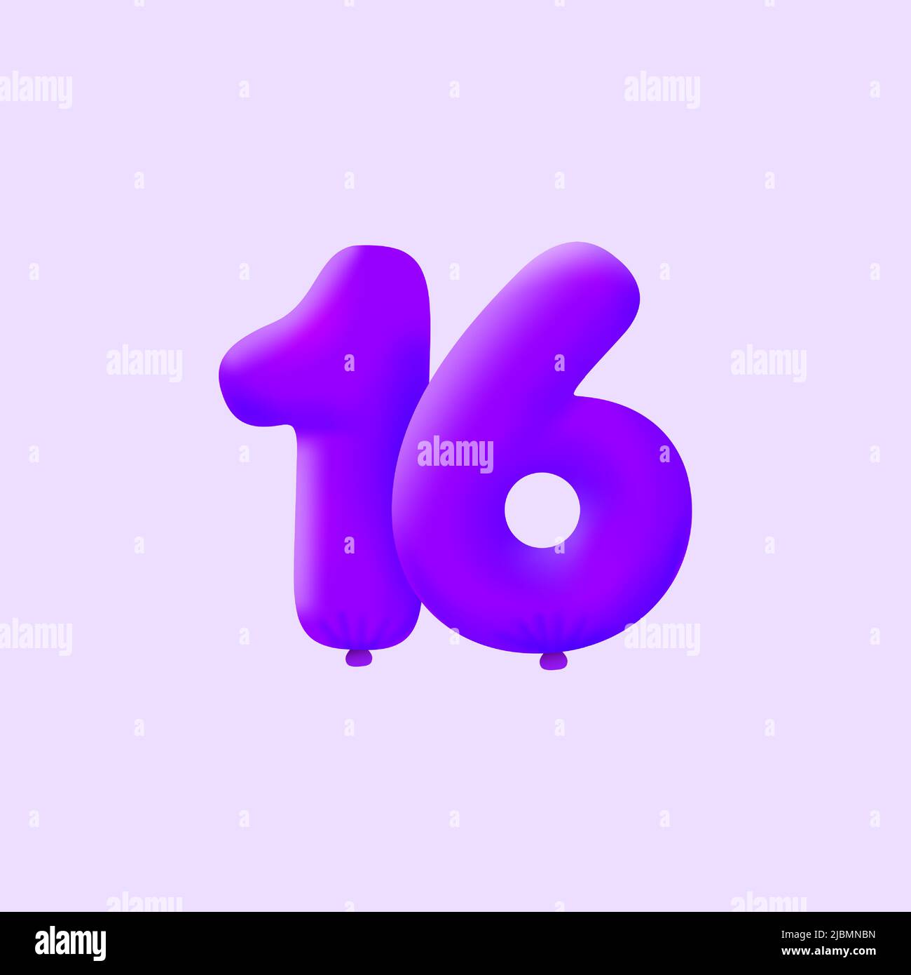 Lila 3D Zahl 16 Ballon realistisch 3D Helium Lila Ballons. Vektor-Illustration-Design Party-Dekoration, Geburtstag, Jubiläum, Weihnachten, Weihnachten, Neujahr, Urlaub Verkauf, Feier, Karneval Stock Vektor