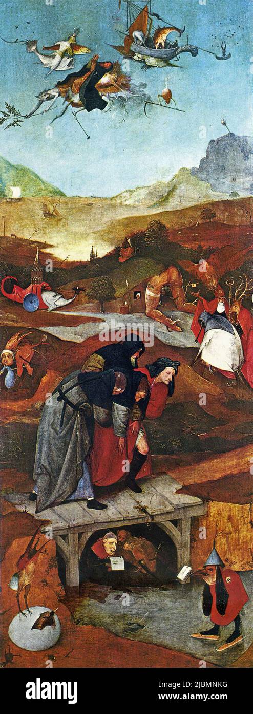 'Die Qualen des heiligen Antonius', linker Flügel des Triptychons 'die Versuchung des heiligen Antonius' von Hieronymus Bosch. Lissabon, Museu Nacional de Arte Antiga. Stockfoto