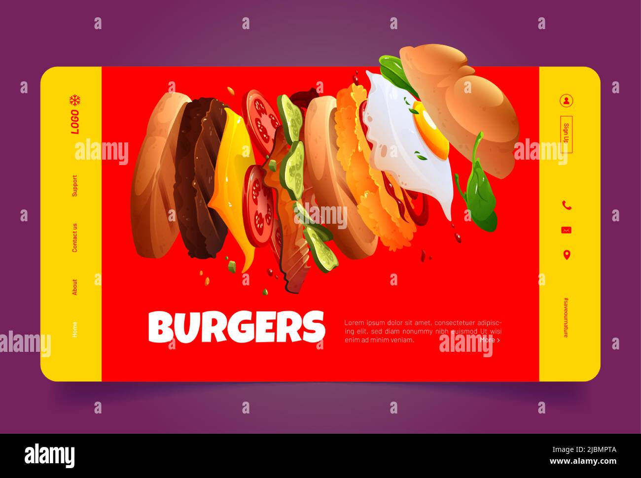 Burger-Banner, Fast-Food-Restaurant oder Café-Website. Vektor-Landing-Page der Fastfood-Promotion mit Cartoon-Illustration eines fliegenden Hamburgers mit Brötchen Stock Vektor