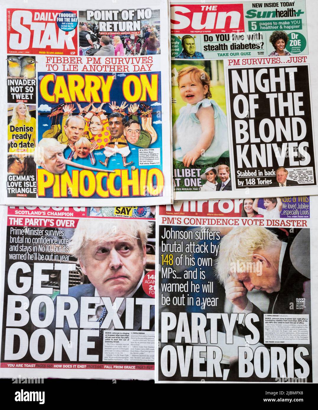 7. Juni 2022. Eine Auswahl von Zeitungsschlagzeilen, nachdem Boris Johnson ein Misstrauensvotum überlebt hat. Stockfoto