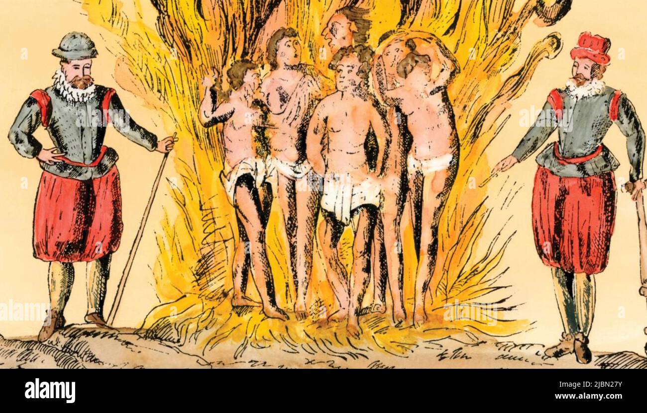 SPANISCHE KONQUISTADOREN verbrennen Indianer aus Samuel Champlains "Erzählung einer Reise nach Westindien und Mexiko in den Jahren 1599-1602. Eine handkolorierte Kopie des ursprünglichen Holzschnitts. Stockfoto