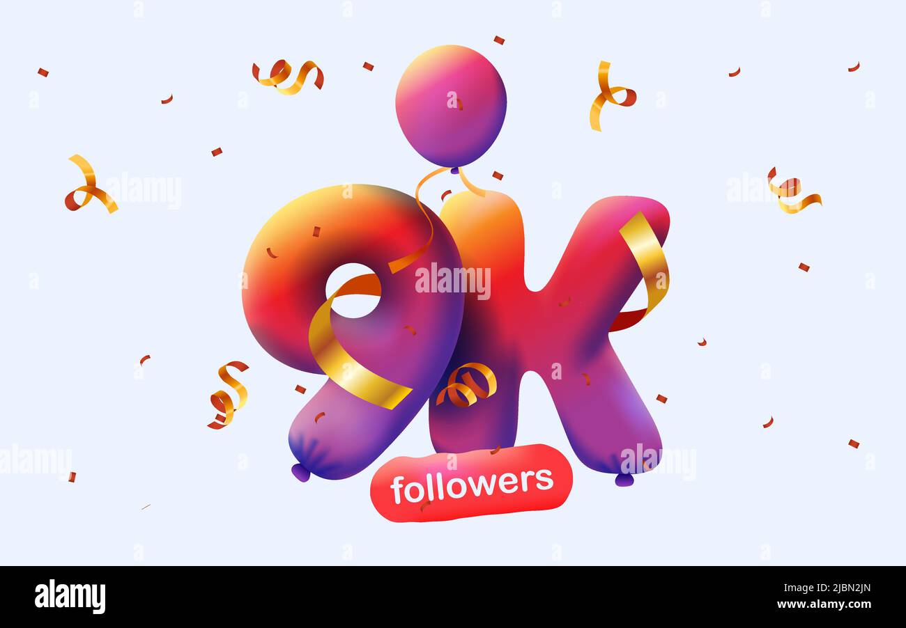 Banner mit 9K Followern bedanken sich in Form von 3D roten Ballons und bunten Konfetti. Vektor-Illustration 3D Zahlen für Social Media 9000 Follower Danke, Blogger feiert Abonnenten, Gefällt mir Stock Vektor