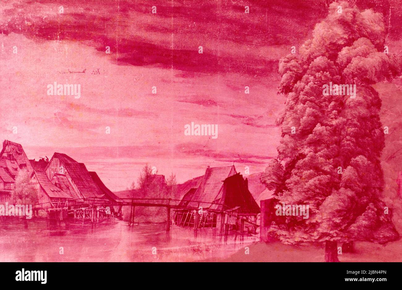 Wassermühle an der Montaca, rot, Gemälde des deutschen Künstlers Albrecht Durer, 1508 Stockfoto