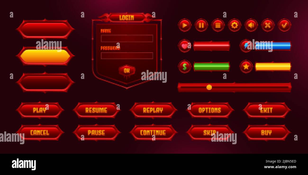 Satz von Rahmen, Balken und Menüschaltflächen für die Benutzeroberfläche des Spiels, UI- oder gui-Designelemente. Leere Ränder, Banner, rot leuchtende Tasten. Gamer-Einstellungen, melden Sie sich an Stock Vektor