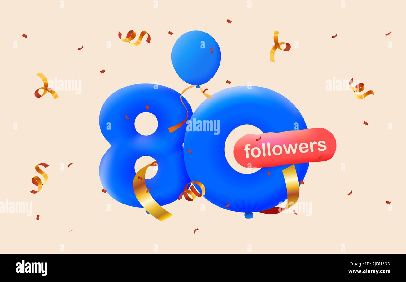 Banner mit 80 Followern bedanken sich in Form von 3D blauen Ballons und bunten Konfetti. Vektor-Illustration 3D Zahlen für Social Media 80 Follower Danke, Blogger feiert Abonnenten, Gefällt mir Stock Vektor