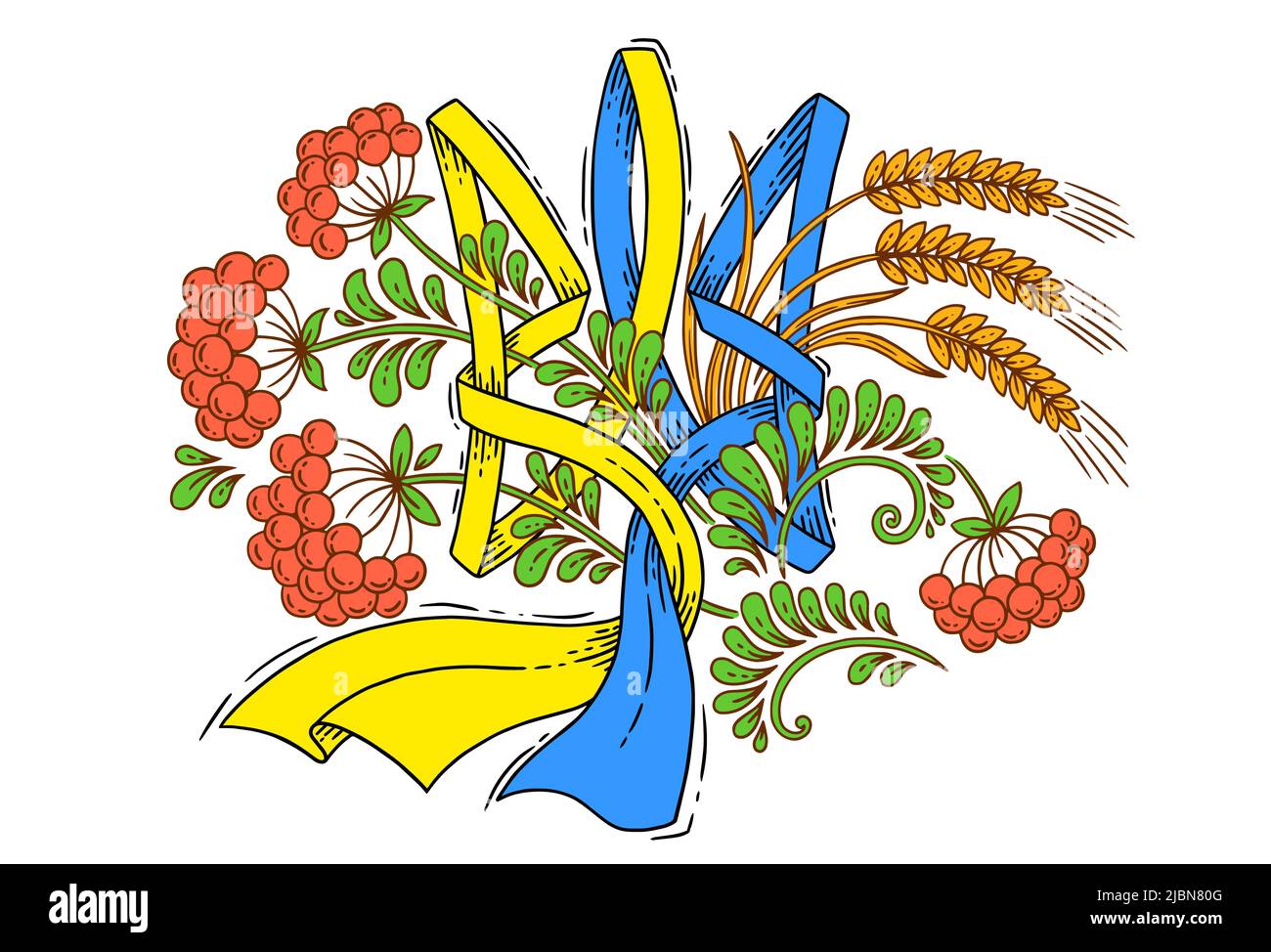 Vektor-Illustration Design, dekorative Version des Staatssymbols der Ukraine Dreizack. Band in blauer und gelber Flagge, Viburnum Beeren und Ohren Stock Vektor