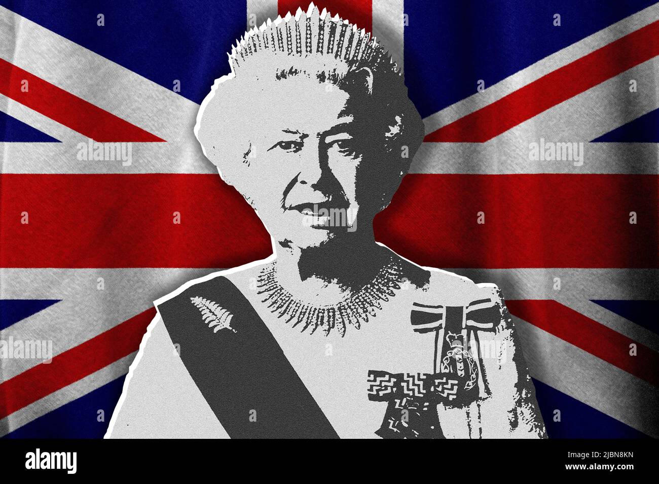 Queen Elizabeth II und britische Flagge Stockfoto