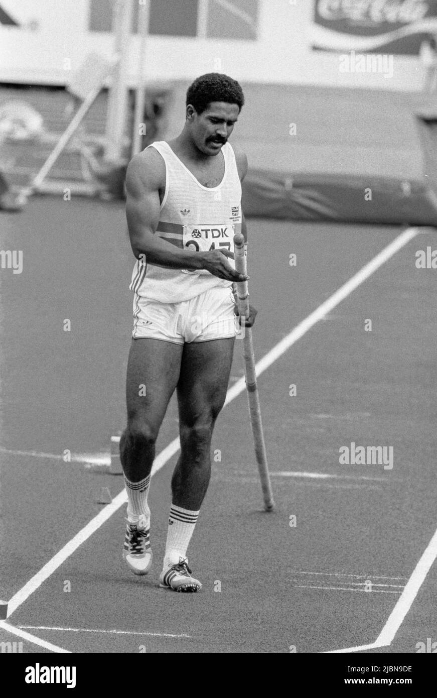 Daley Thompson Großbritannien Zehnkampf-Athlet auf IAAF-Weltmeisterschiff in Helsinki Finnland 1983. august Stockfoto