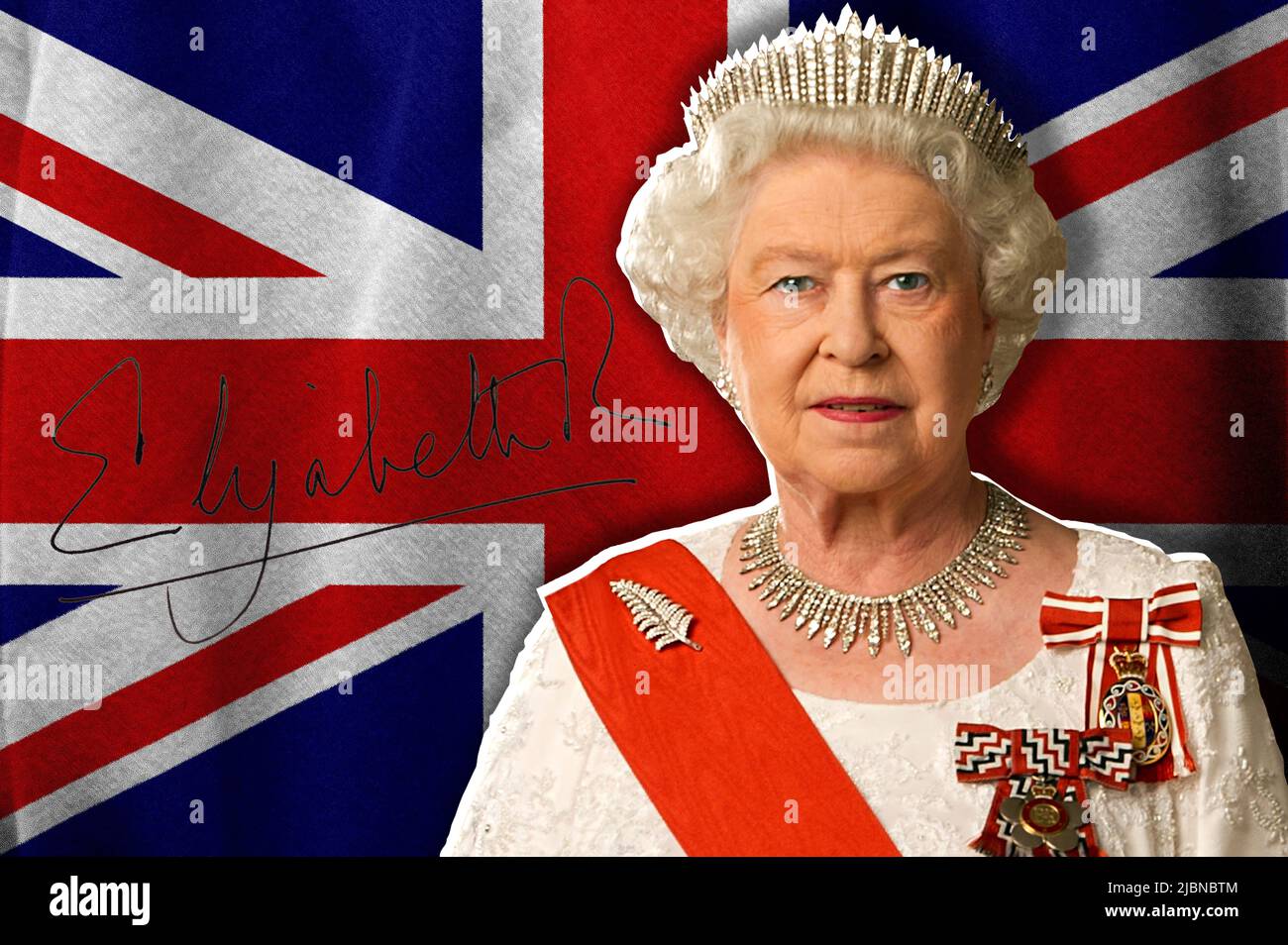 Königin Elizabeth II., Unterschrift und Flagge des Vereinigten Königreichs Stockfoto