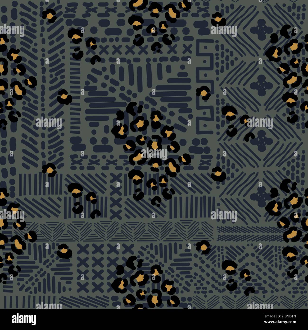 Abstraktes Tribal-Muster mit Leopardenflecken und nahtlosem Muster. Ethnische und Tier grau blau trendigen Hintergrund. Modernes Ornament aus stilisierter Gepardenhaut. Stock Vektor
