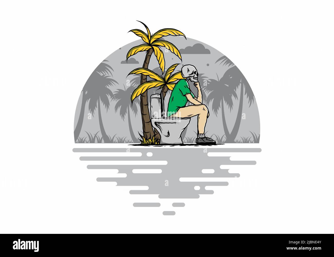 Skelett Mann sitzen auf Outdoor-Toilette Illustration Zeichnung Design Stock Vektor