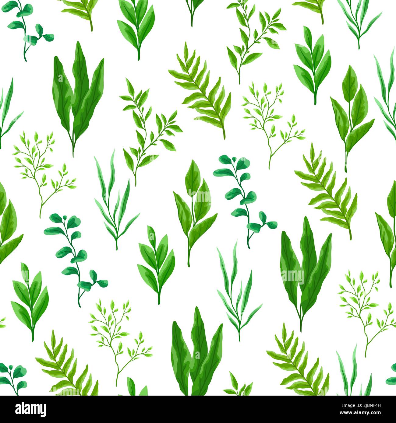 Nahtloses Muster mit Ästen und grünen Blättern. Stilisiertes Laub im Frühling oder Sommer. Saisonale Abbildung. Stock Vektor