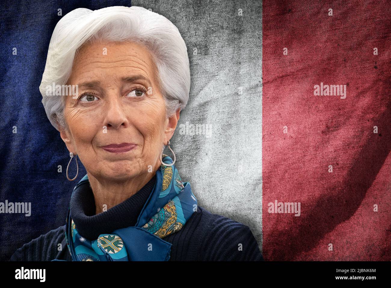 Christine Lagarde und die französische Flagge. Geschäftswachstum, finanzieller Erfolg, Börsendiagramm, Investitionskonzept, finanzielles Wachstum, Geschäftsstrategie Stockfoto