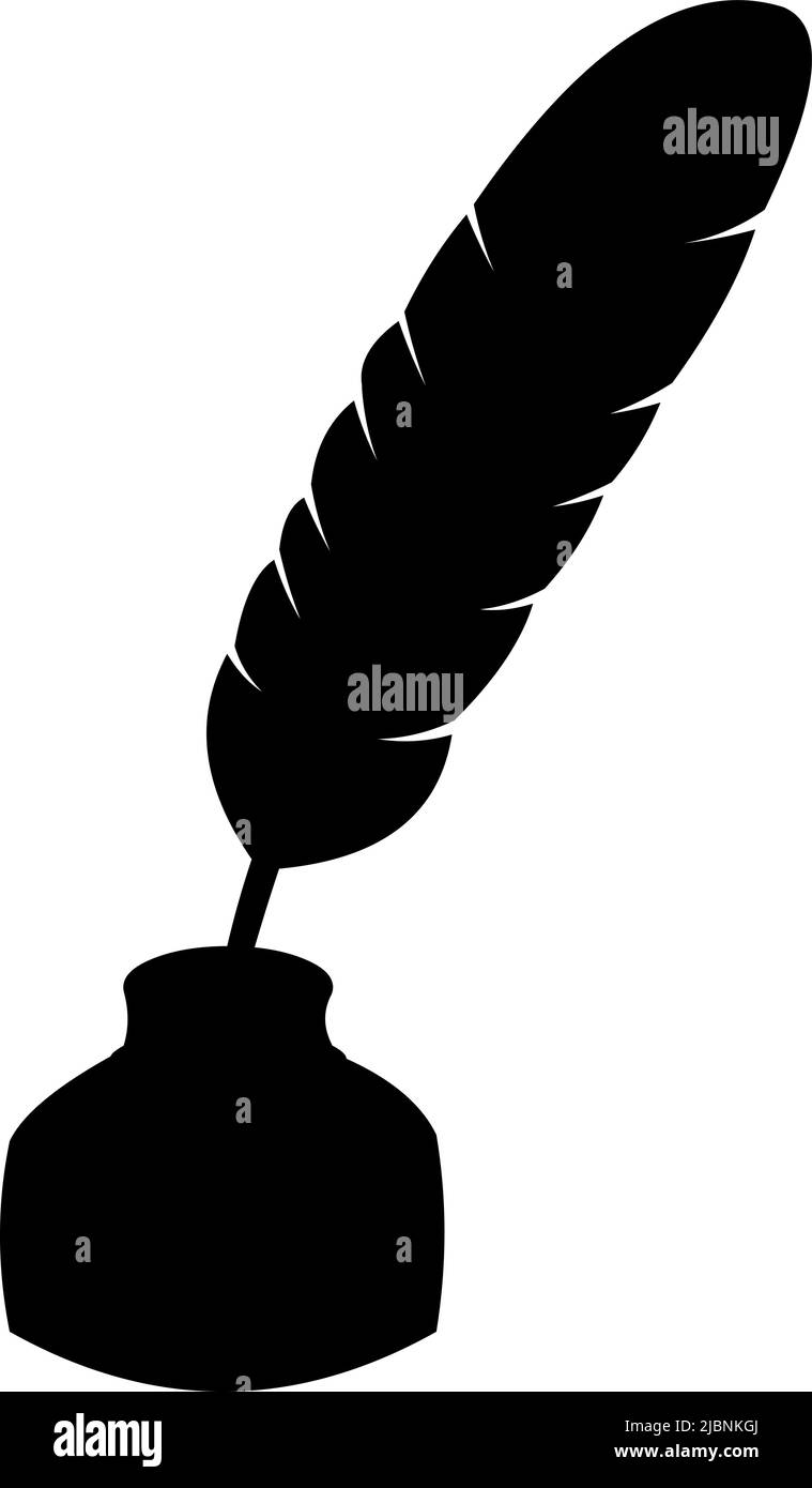 Vektordarstellung der schwarzen Silhouette einer Vogelfeder in einem Tintenfass Stock Vektor