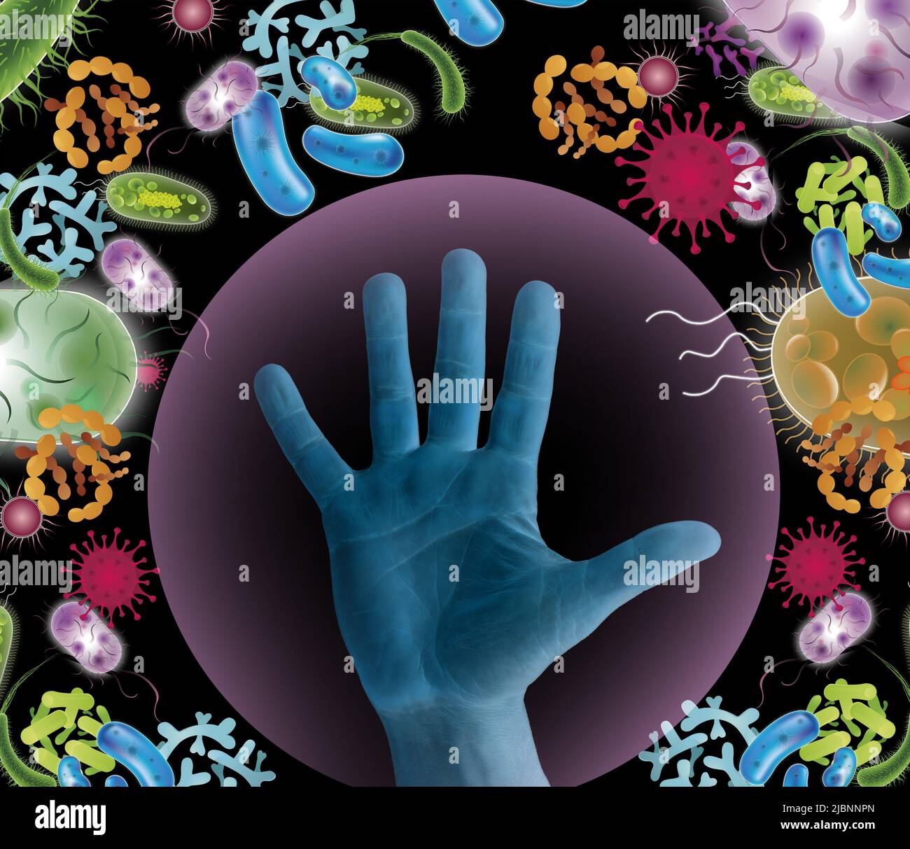 Menschliche Hand mit vielen gezeichneten Viren, Bakterien und Pilzen auf dunklem Hintergrund. Konzept der Immunität Stockfoto