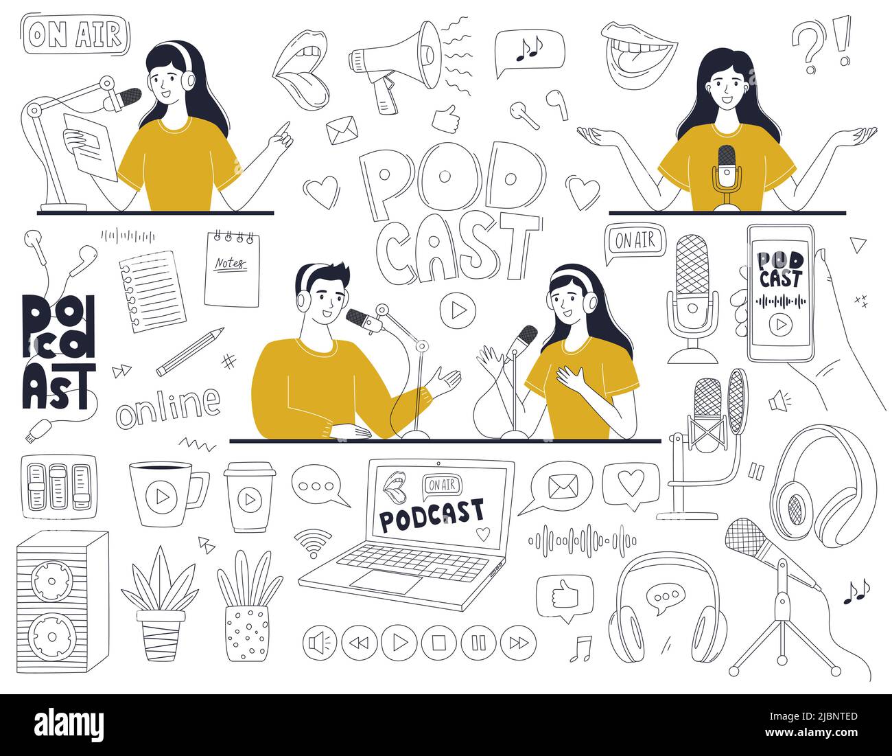 Satz von Doodle skizzieren Symbole eines Podcasts. Frau und Mann, die einen Podcast, ein Interview, eine Radiosendung, eine Sendung moderiert haben. Lineare dekorative Elemente Web desi Stock Vektor