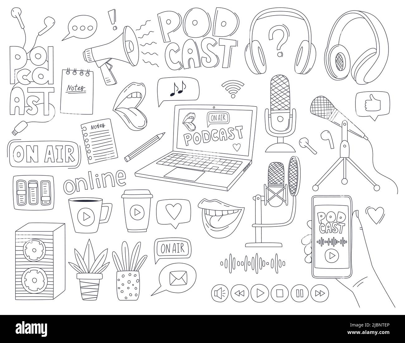 Satz von Doodle skizzieren Symbole eines Podcasts, Radio-Show, Broadcast. Mikrofone, Laptop, Kopfhörer, Megaphon, Schriftzug. Lineare Zierelemente. Stock Vektor