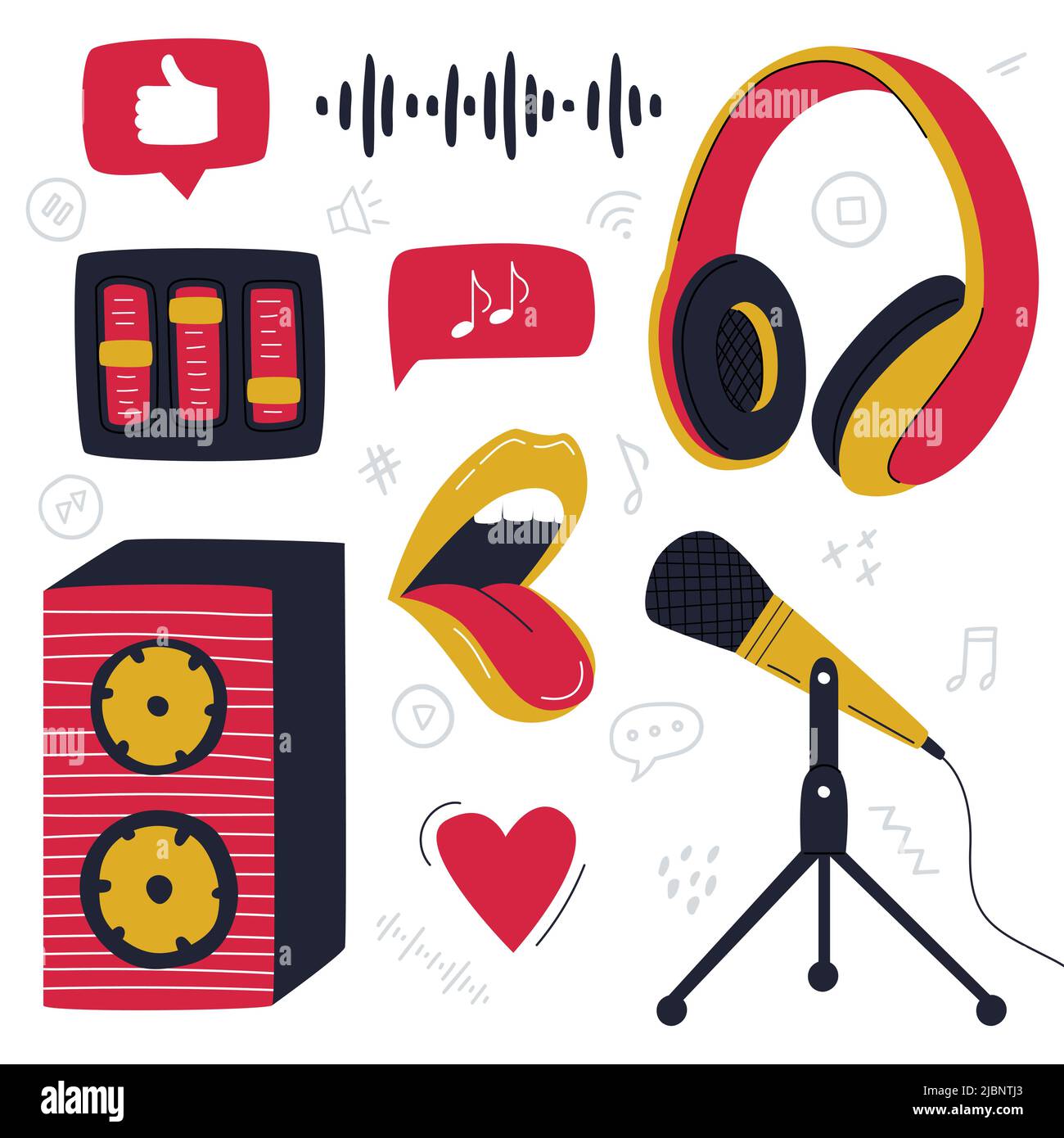 Eine Reihe von Design-Elementen eines Podcasting-, Musical-, Aufnahmesequipment. Über-Ohr-Kopfhörer, ein Lautsprecher, ein Mikrofon auf einem Ständer mit Draht. Farbe f Stock Vektor