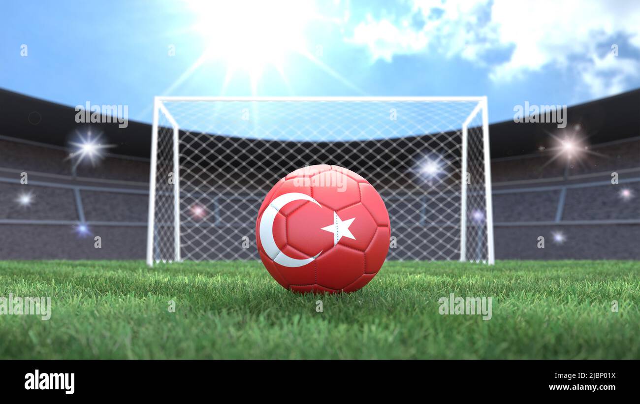 Fußball in Fahnenfarben auf einem hellen sonnigen Stadionhintergrund. Türkei. 3D Bild Stockfoto