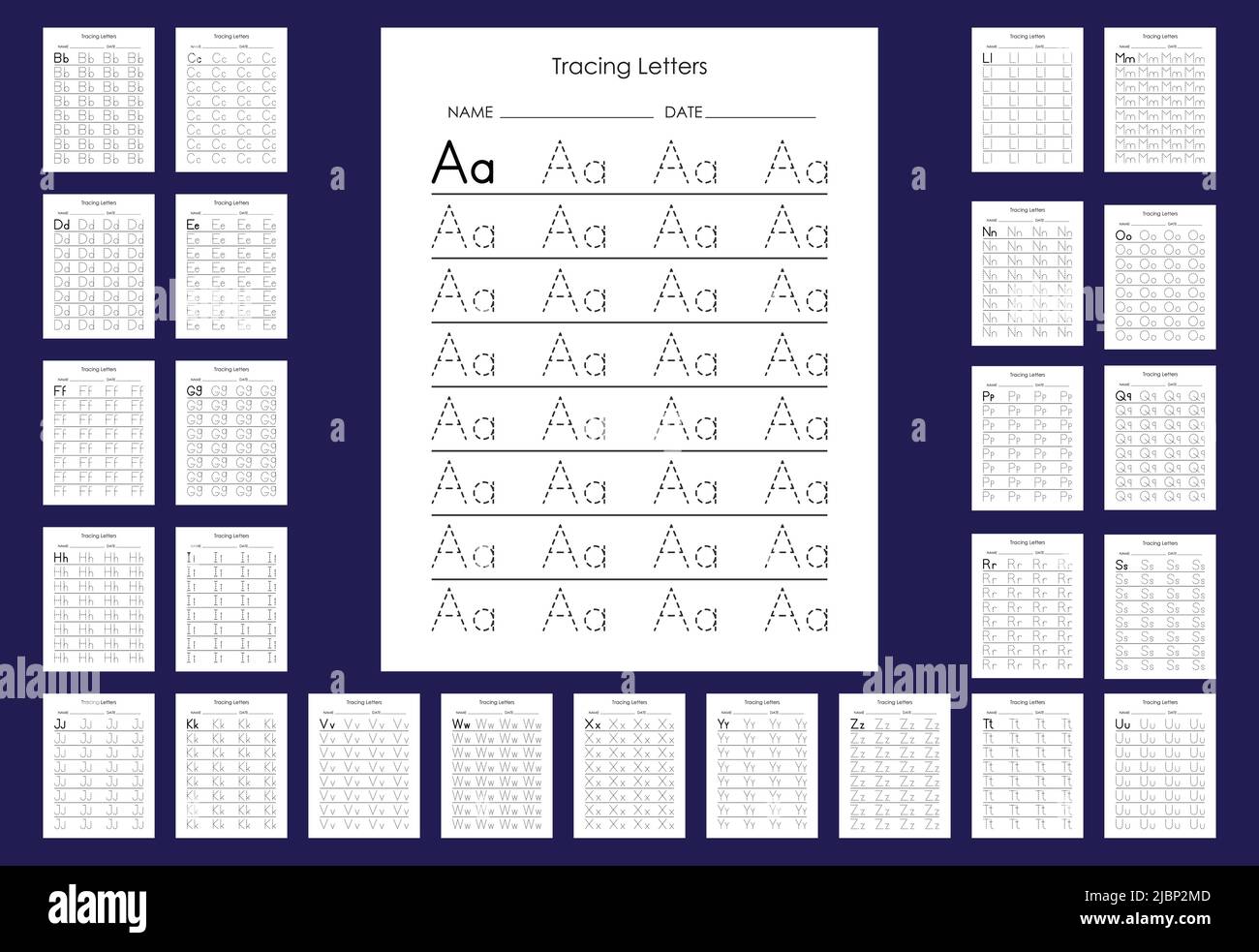 Übung mit Alphabet Buchstaben A bis z. Übung mit großgeschriebenen, kleingeschriebenen Trace-Übungen. Stock Vektor