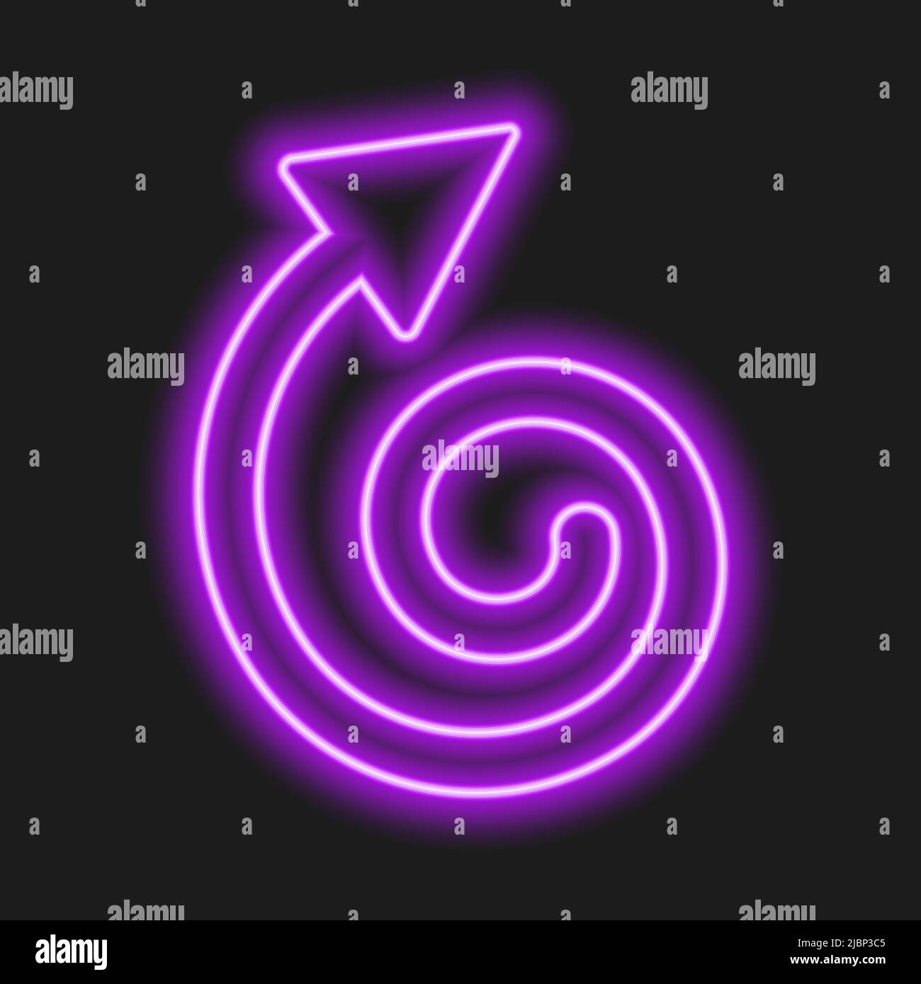 Leuchtender, violetter Neon-Wiederholpfeil auf dunklem Hintergrund. Symbol für Aktualisierung, Neustart, Austausch, Drehung. Vektor-realistische Darstellung. Stock Vektor
